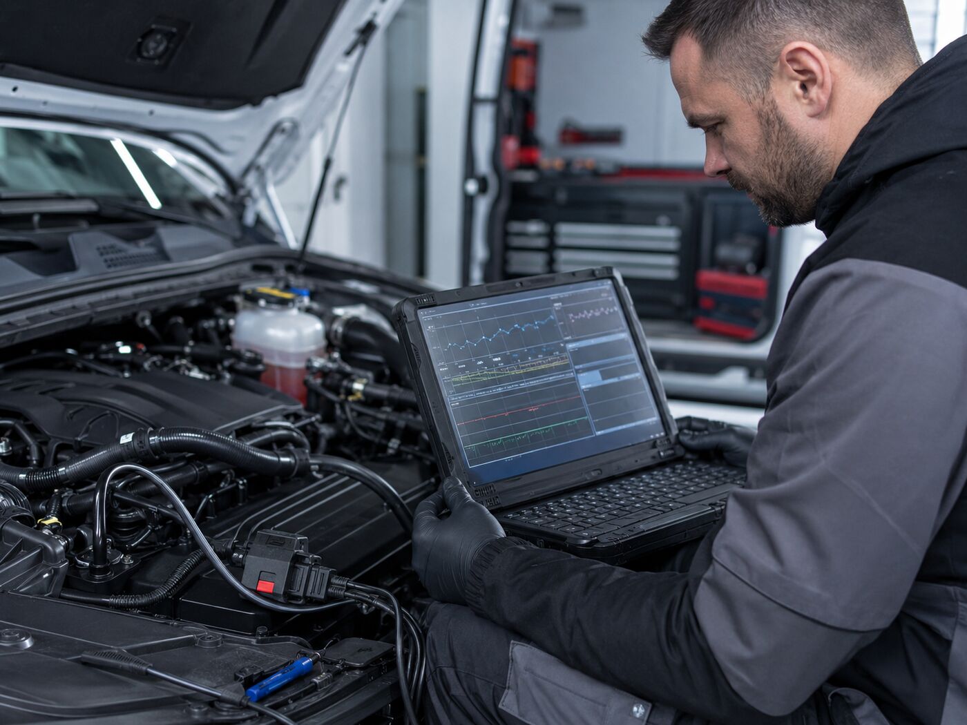 Teknikar brukar ein robust diagnoselaptop til å feilsøke ein dieselmotor