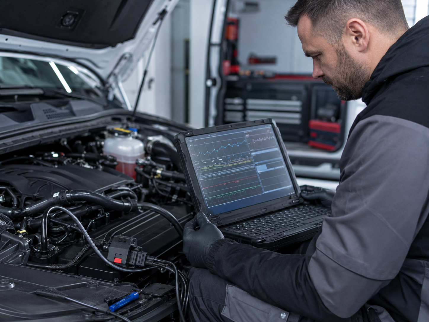 Teknikar brukar ein robust diagnoselaptop til å feilsøke ein dieselmotor