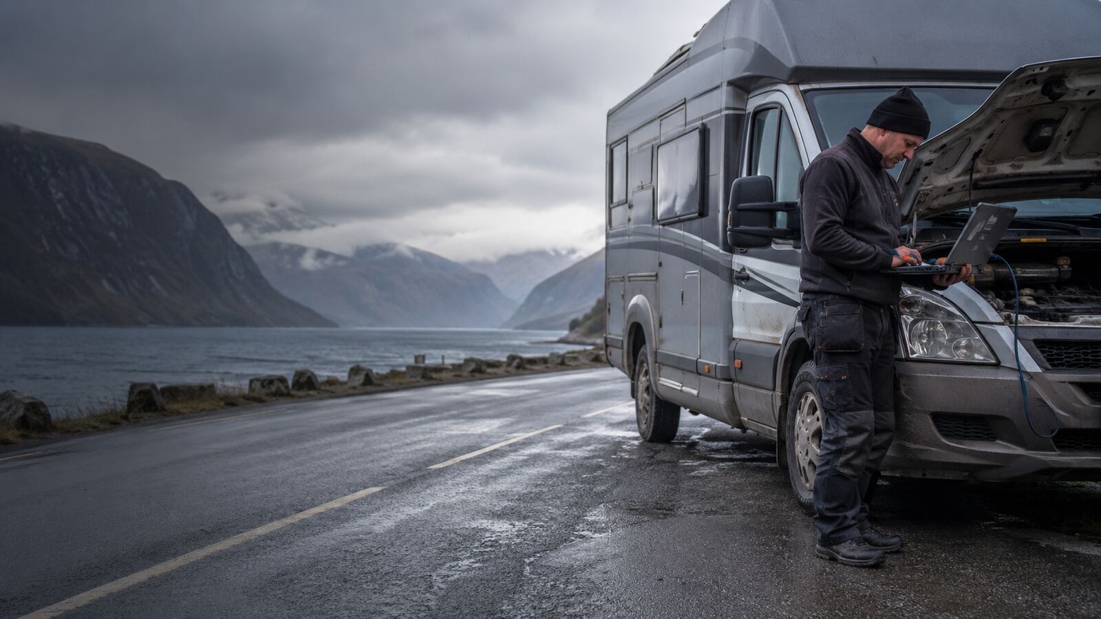 Teknikar diagnostiserer ein bobil parkert ved ein fjord med opna panser