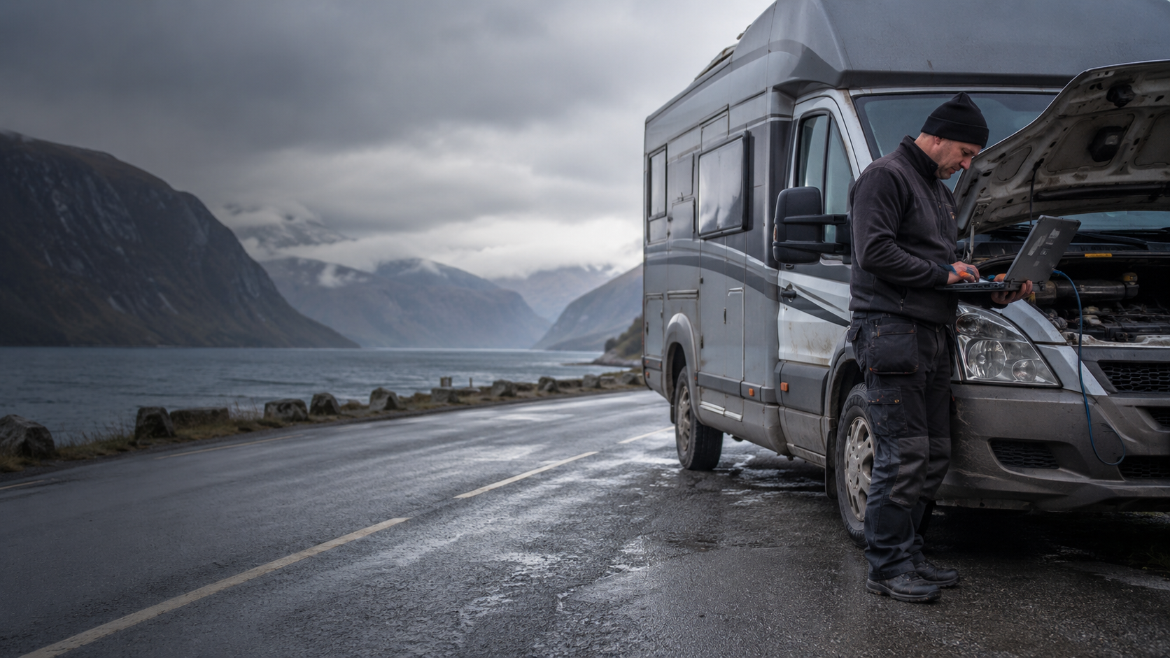 Teknikar diagnostiserer ein bobil parkert ved ein fjord med opna panser