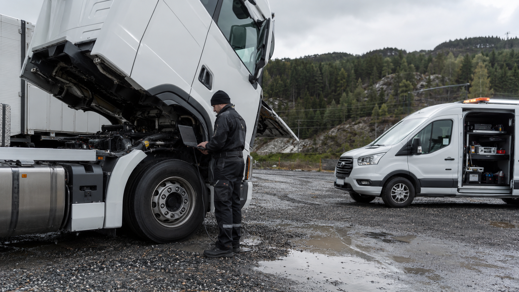 Teknikar med laptop ved ein lastebil med opna førarhus og servicebil i bakgrunnen