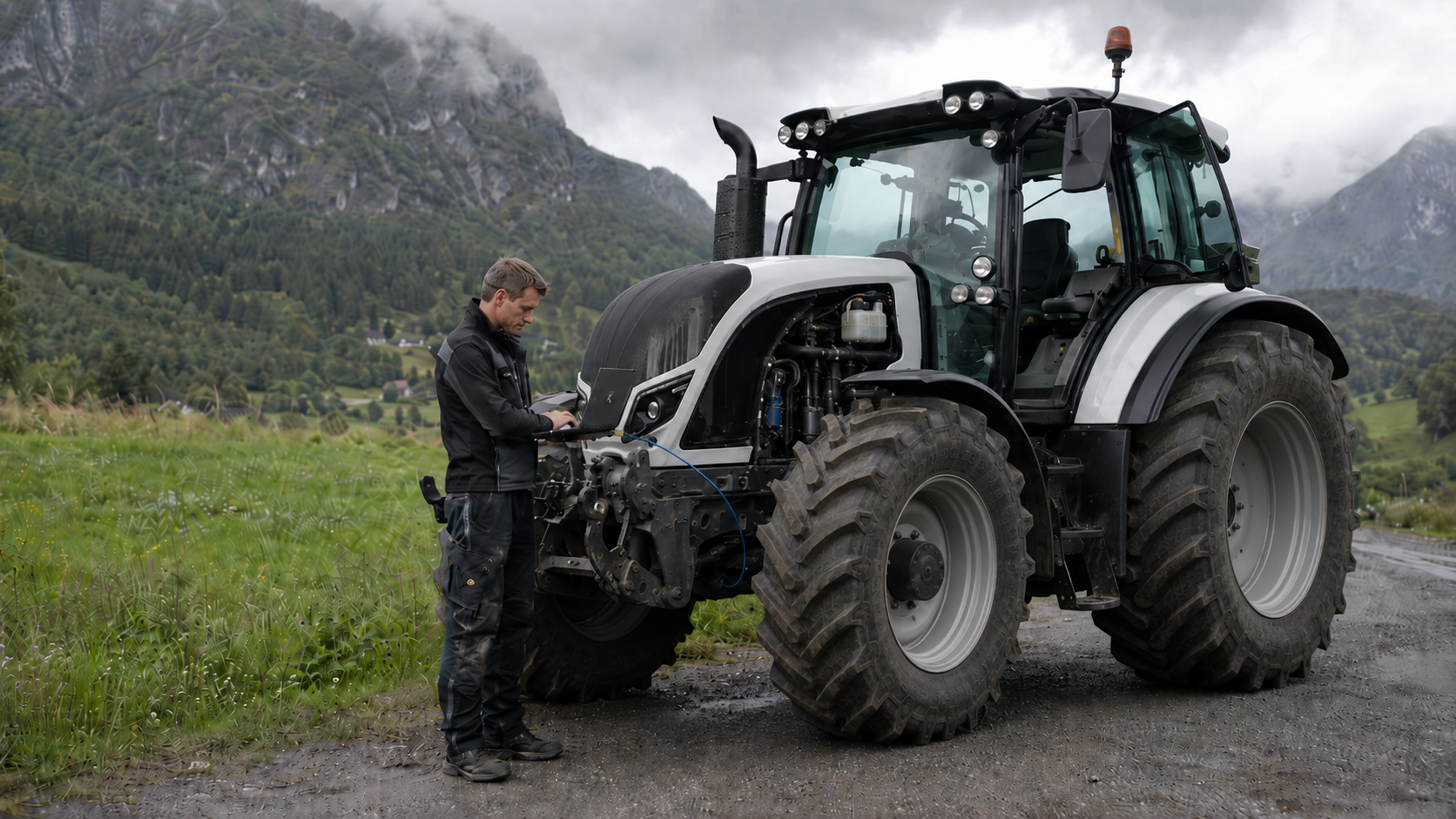 Teknikar brukar diagnoselaptop ved ein moderne traktor på ein rural veg med fjell i bakgrunnen
